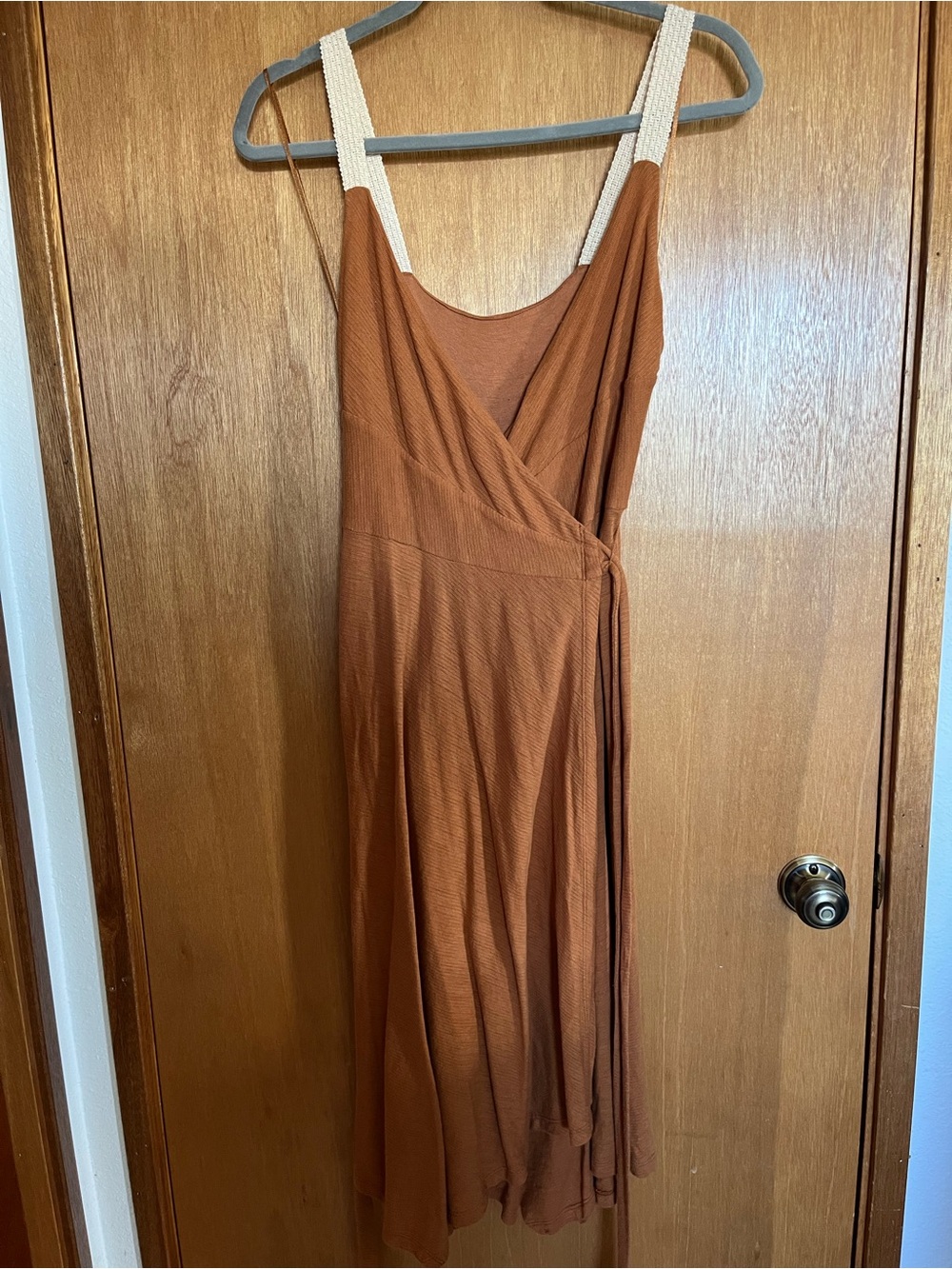 Anthropologie Rust Brown Midi Wrap Dress with Cream Straps